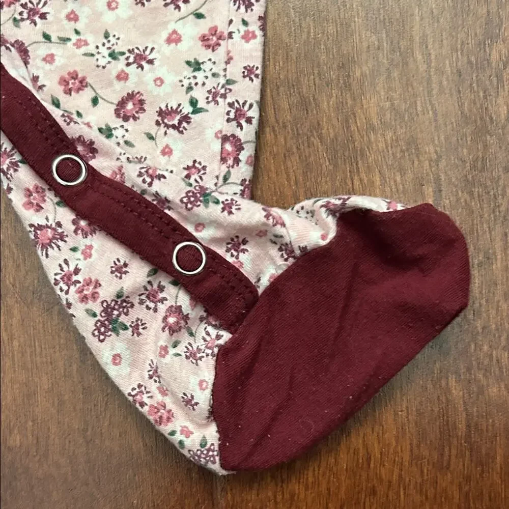 7 For All Mankind Floral Burgundy Kids Footie One Piece, Size 3-6 Months